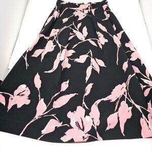 Escada Winter Floral Skirt Black Pink Size Small Heavy Satin Pleated A-line